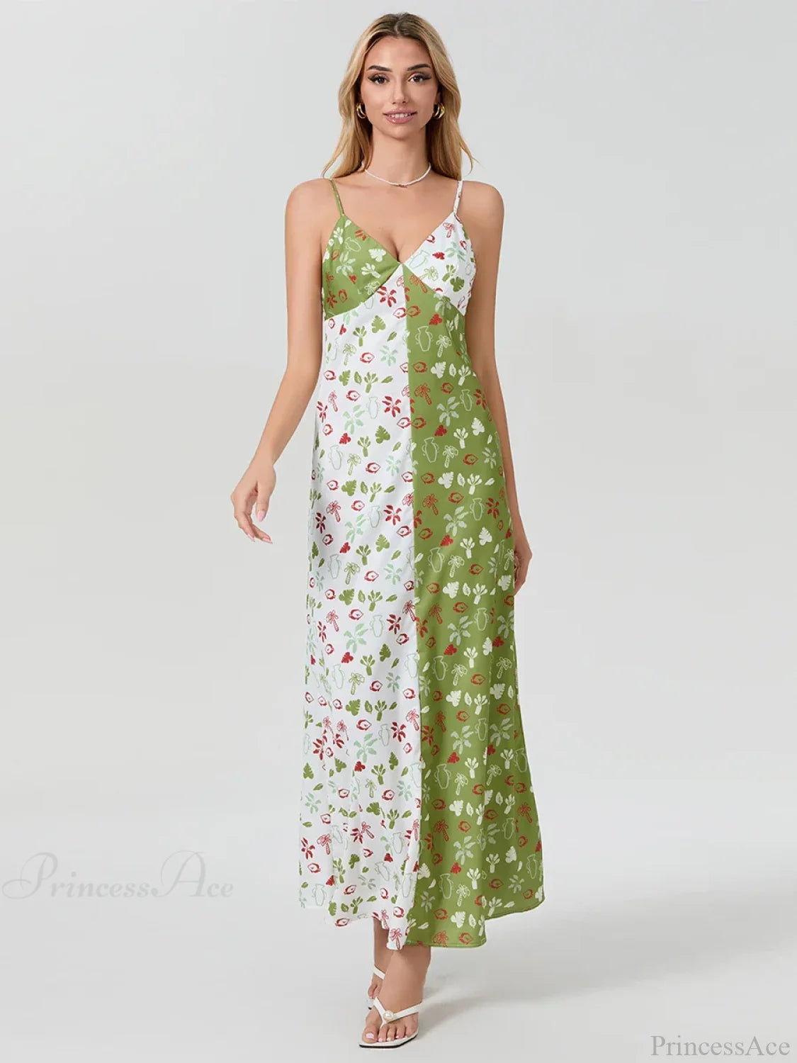 Contrast Color V-neck Spaghetti Strap Slip Floral Dress floraldress-250126