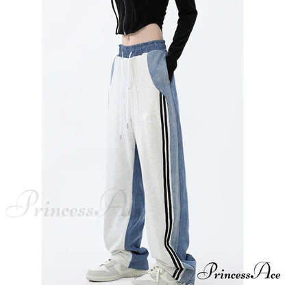 Contrast Color Women High Waist Straight Cropped Street Drawstring Tie Up Sweatpants Cylinder Lady