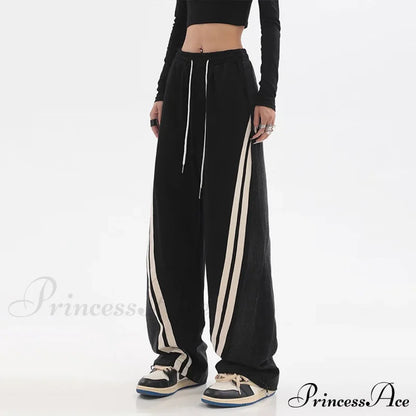 Contrast Color Women High Waist Straight Cropped Street Drawstring Tie Up Sweatpants Cylinder Lady