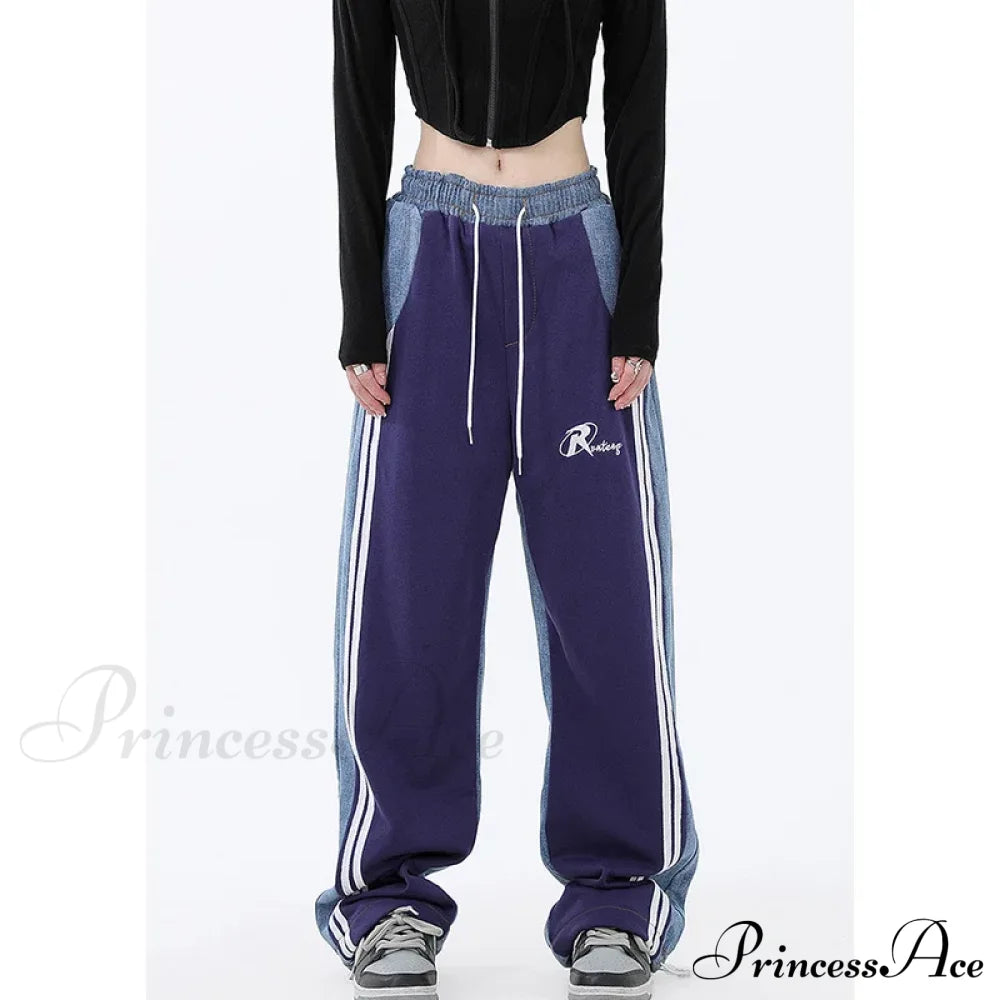 Contrast Color Women High Waist Straight Cropped Street Drawstring Tie Up Sweatpants Cylinder Lady