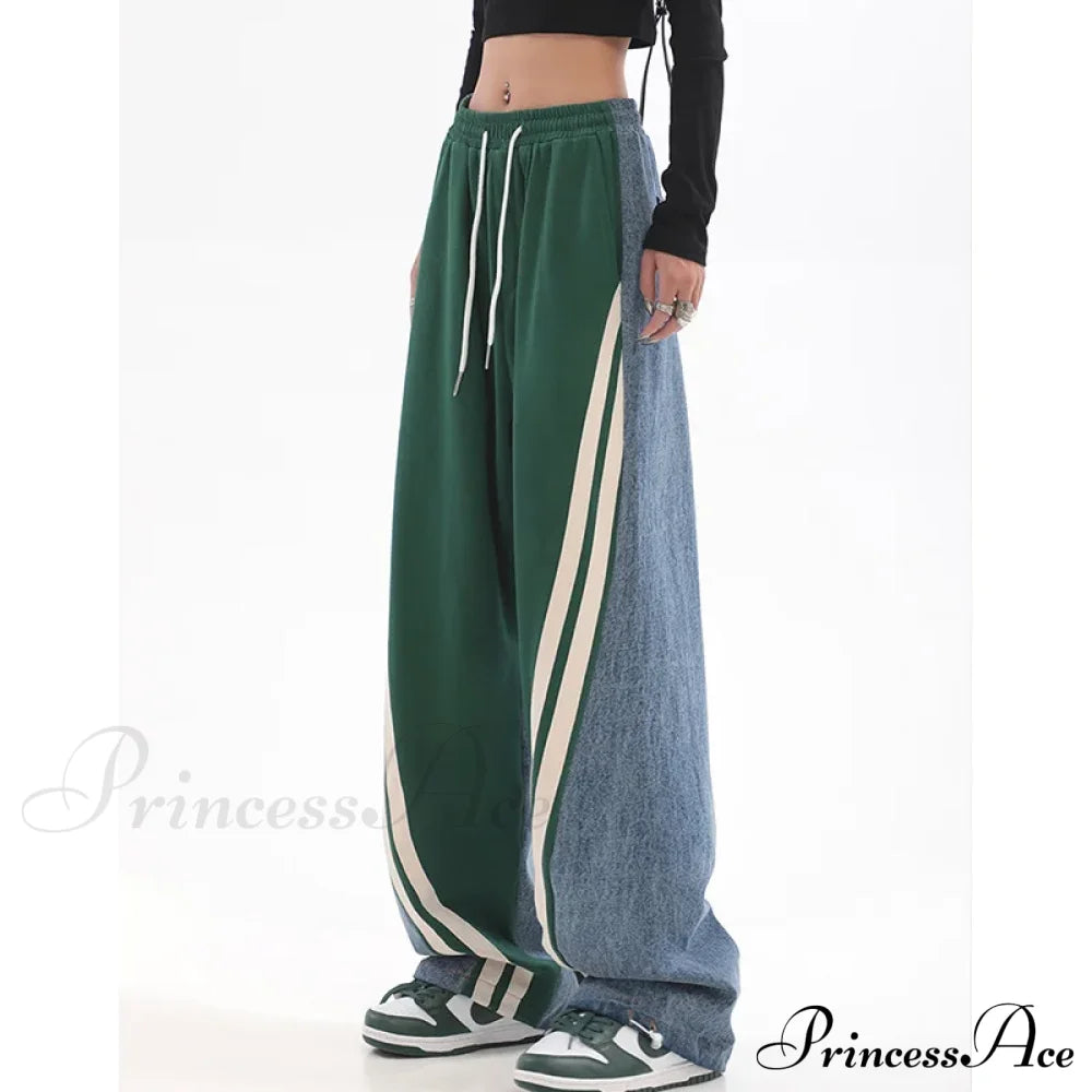 Contrast Color Women High Waist Straight Cropped Street Drawstring Tie Up Sweatpants Cylinder Lady