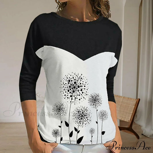 Contrast Color Dandelion Print T-Shirt Black best Best Sellings clothes Plus Size Sale tops Topseller