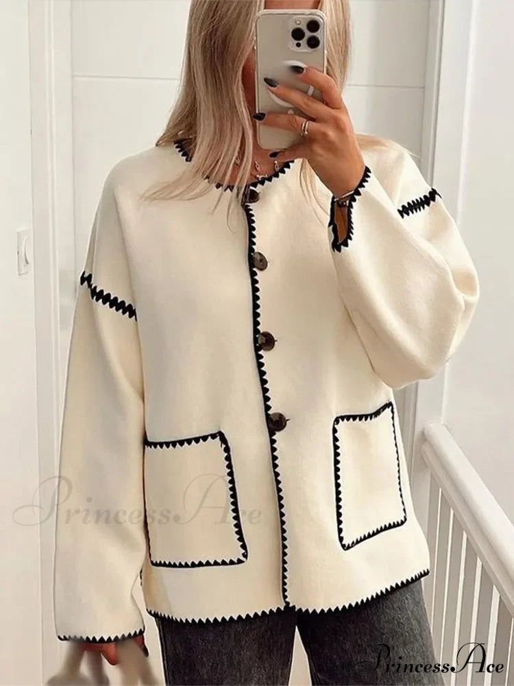 Contrast O Neck Loose Elegant Long Sleeves Winter New Stylish Fashionable Coat Coats-L