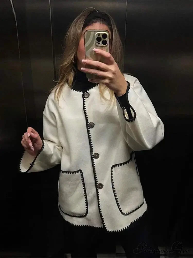 Contrast O Neck Loose Elegant Long Sleeves Winter New Stylish Fashionable Coat White / S Coats-L