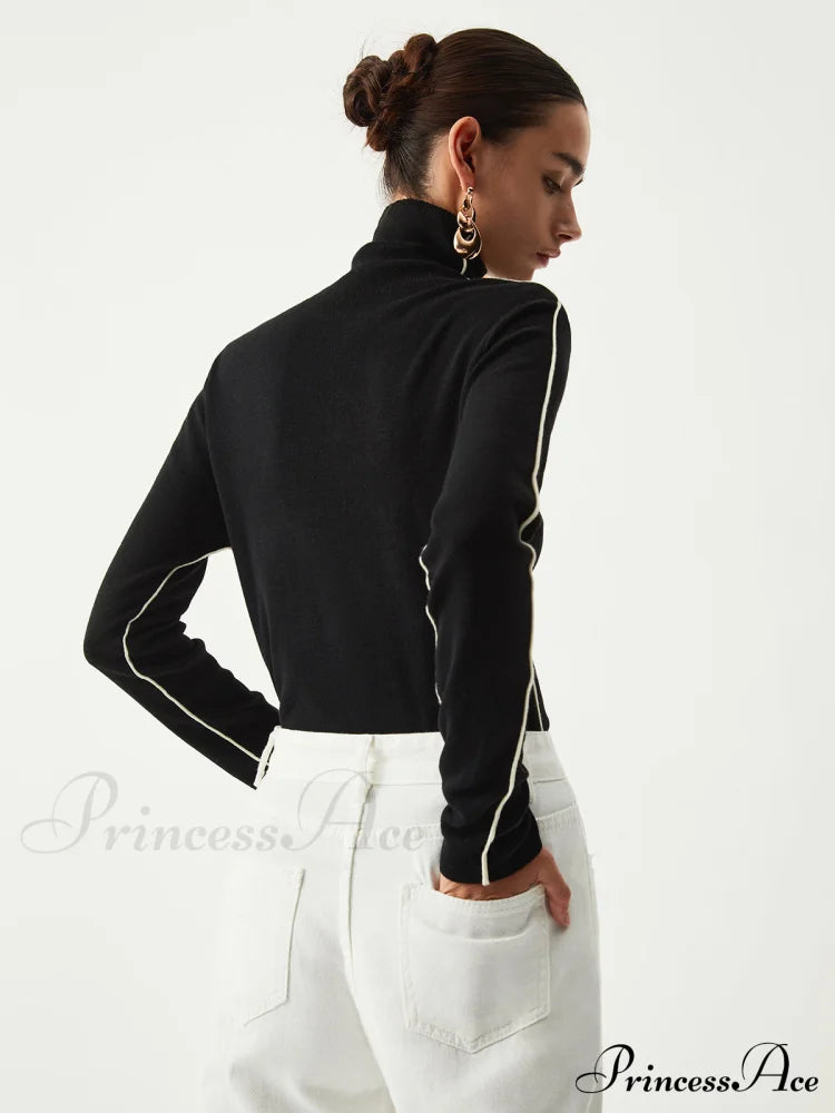 Contrast Piping Turtleneck Trendy Long Sleeve Top Tank Tops & Camis