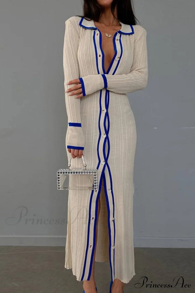 Contrast Ribbed Dress With Lapel Blue / S Midi Dresses