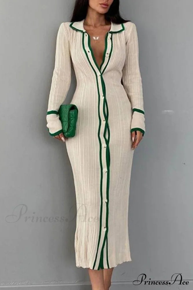 Contrast Ribbed Dress With Lapel Green / L Midi Dresses