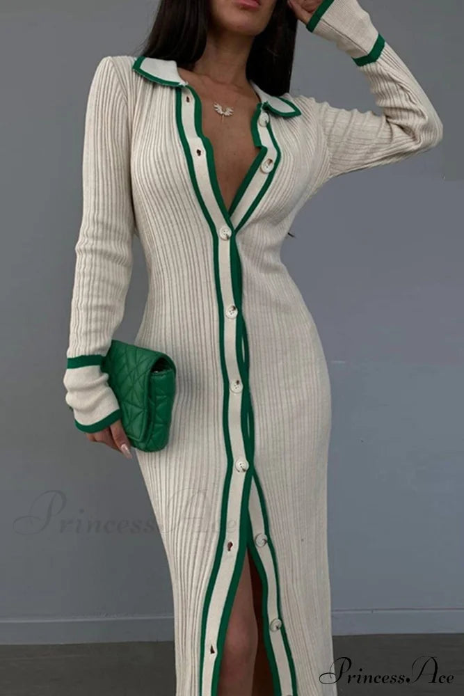 Contrast Ribbed Dress With Lapel Green / S Midi Dresses