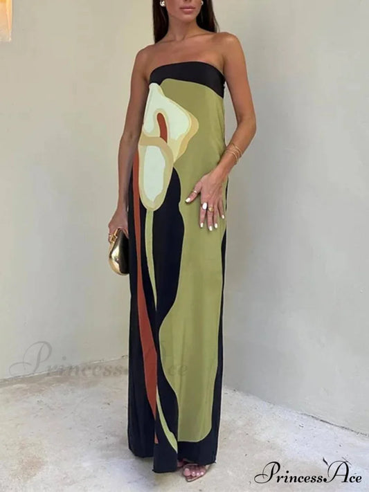 Contrast Sleeveless Off Charming Shoulder Printed Maxi Dress Green / S Dresses