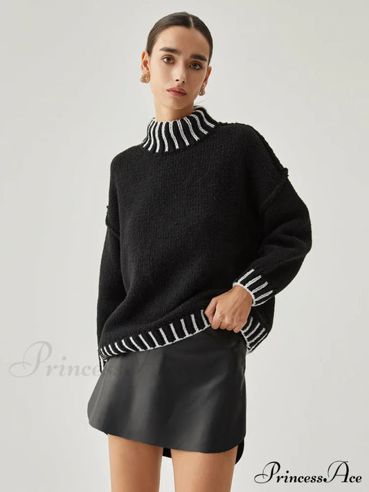 Contrast Stitch Graceful Mock Neck Sweater Black / S Sweaters-L