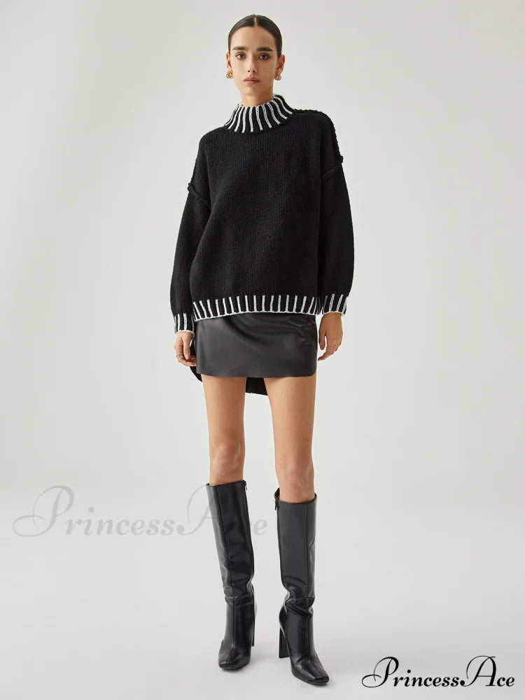 Contrast Stitch Graceful Mock Neck Sweater Sweaters-L