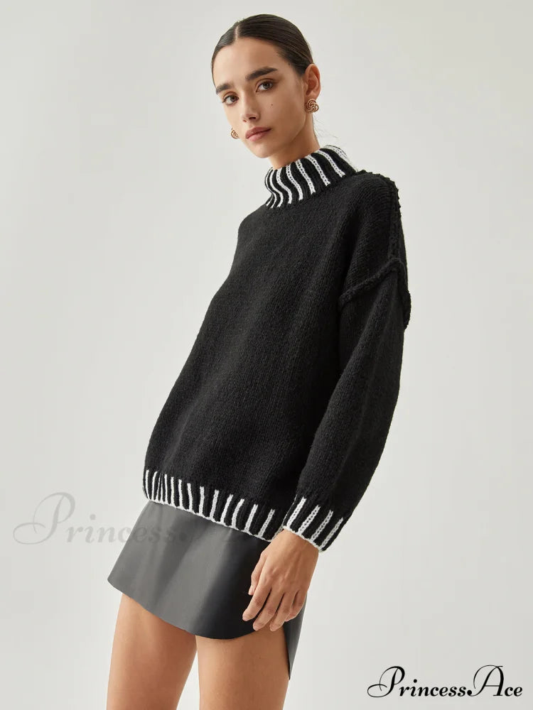 Contrast Stitch Graceful Mock Neck Sweater Sweaters-L