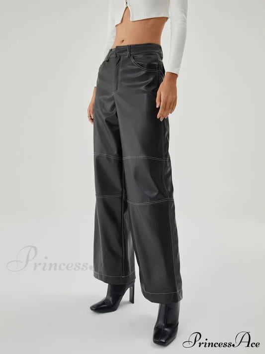 Contrast Stitch Leather Trendy Wide Leg Pants