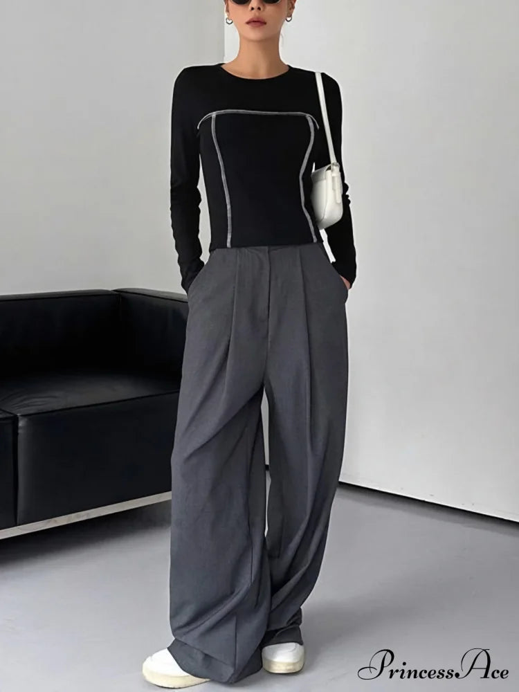 Contrast Trim Crew Trendy Neck Long Sleeve Shirt T-Shirts