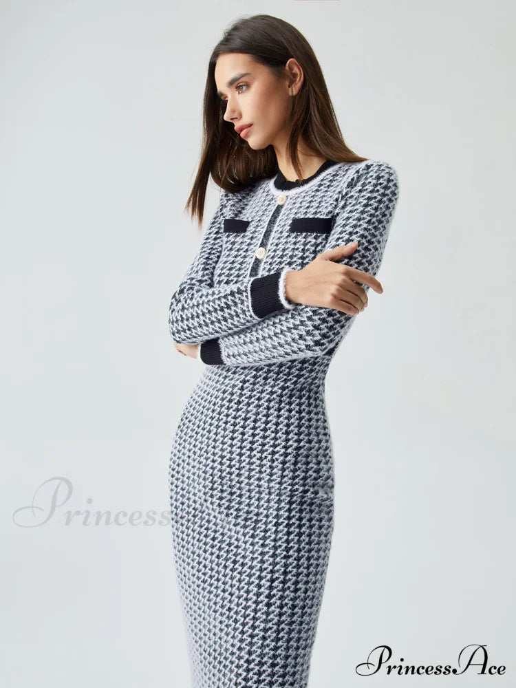 Contrast Trim Herringbone Trendy Bodycon Sweater Midi Dress Sweaters-L