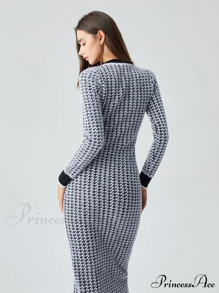 Contrast Trim Herringbone Trendy Bodycon Sweater Midi Dress Sweaters-L