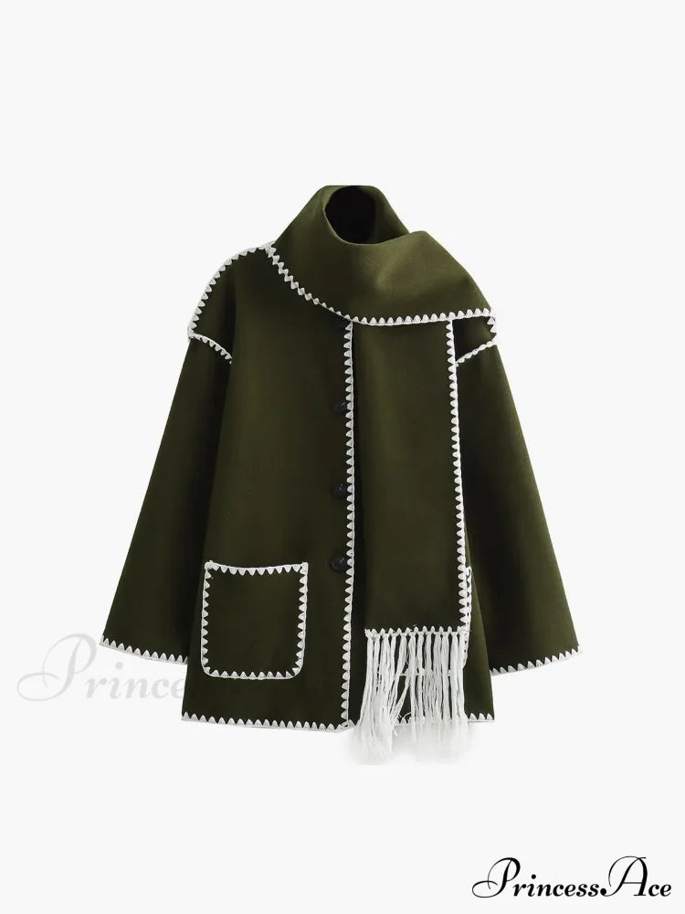 Contrast Trim Jacket Trendy With Matching Scarf Armygreen / S Coats-L