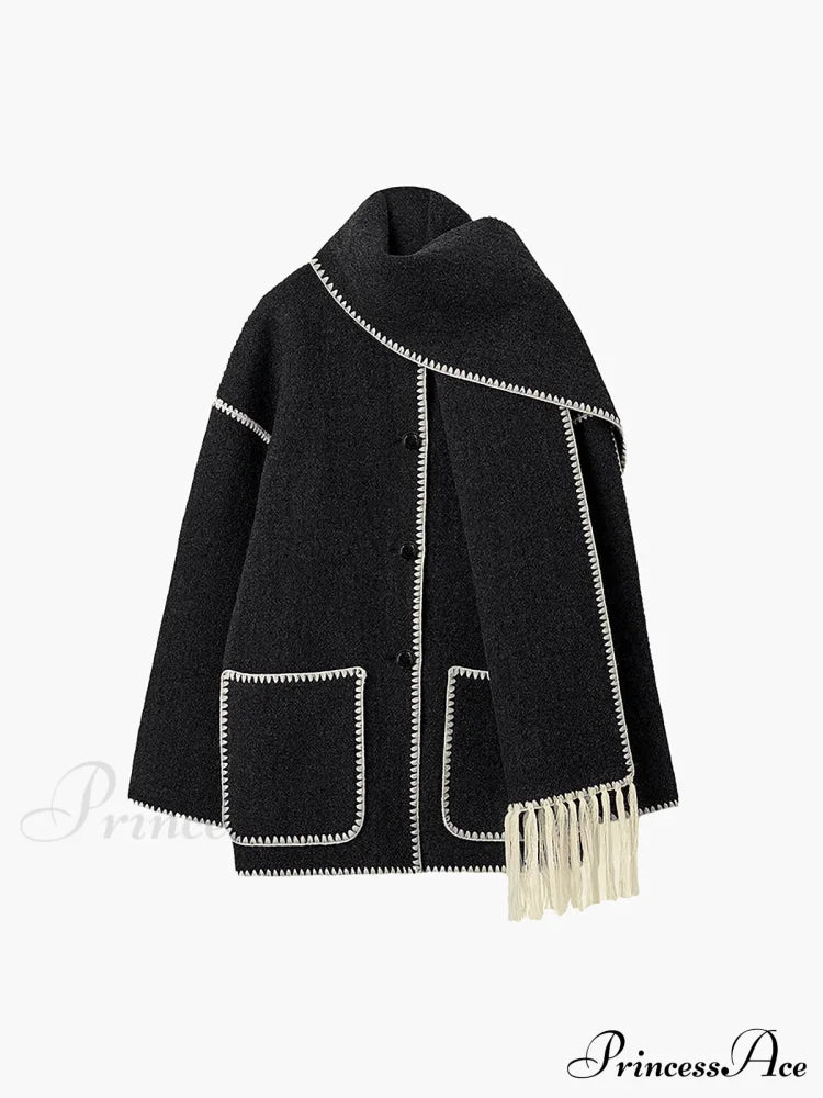 Contrast Trim Jacket Trendy With Matching Scarf Coats-L