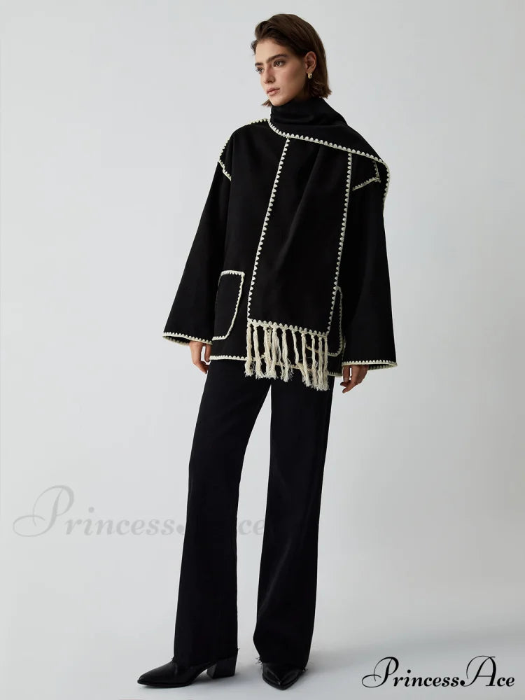 Contrast Trim Jacket Trendy With Matching Scarf Coats-L