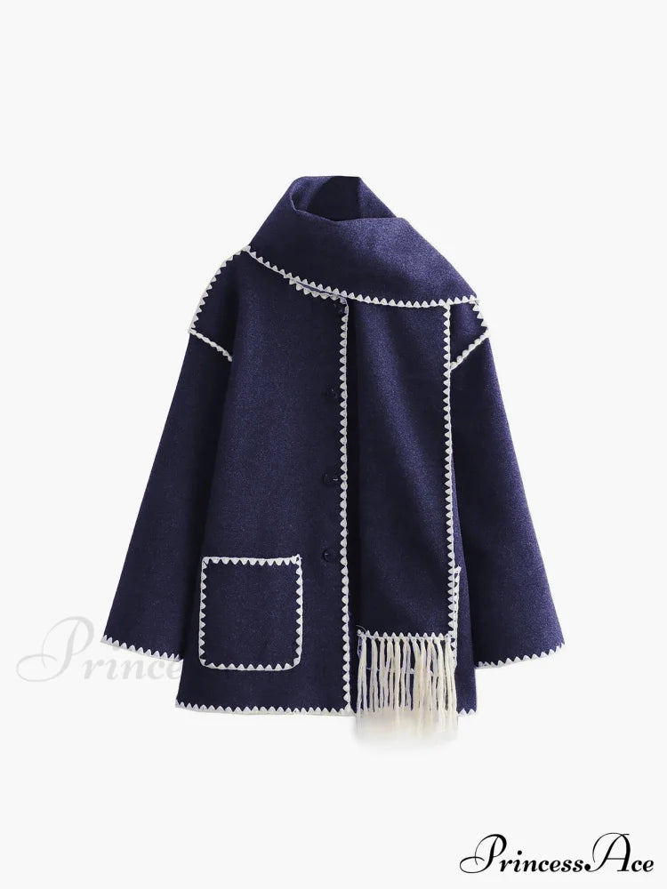 Contrast Trim Jacket Trendy With Matching Scarf Coats-L