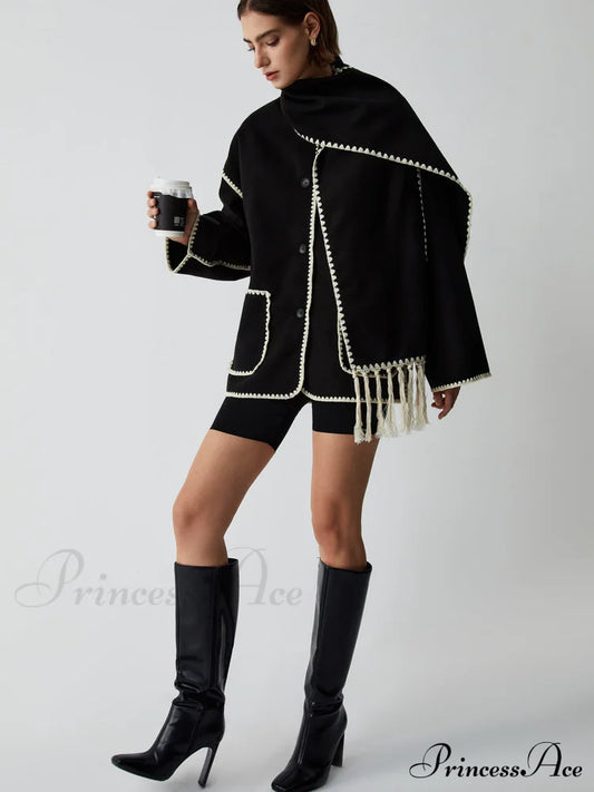 Contrast Trim Jacket Trendy With Matching Scarf Coats-L