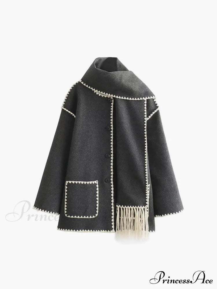 Contrast Trim Jacket Trendy With Matching Scarf Grey / S Coats-L