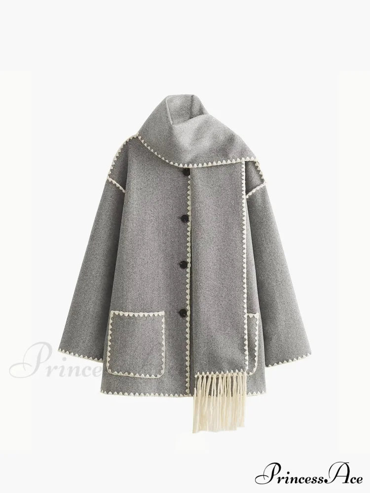 Contrast Trim Jacket Trendy With Matching Scarf Light Grey / S Coats-L