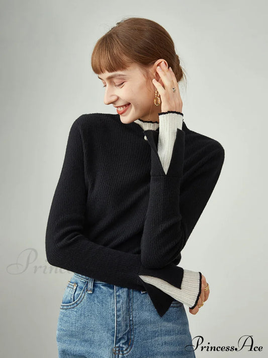 Contrast Trim Mock Trendy Neck Knit Top Sweaters-L