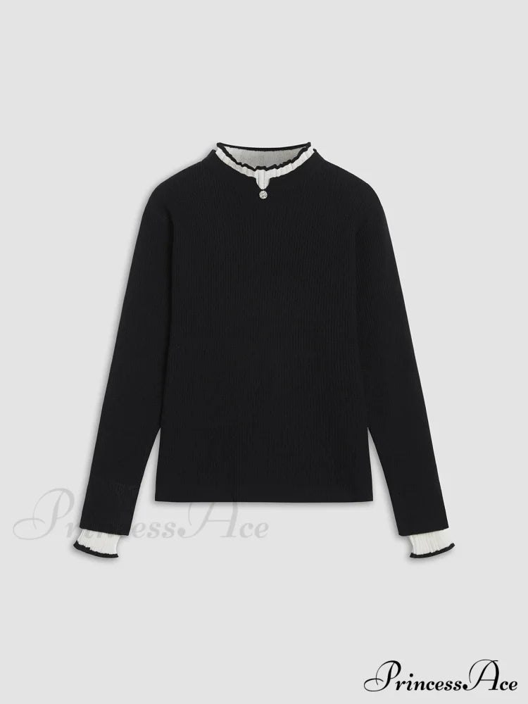 Contrast Trim Mock Trendy Neck Knit Top Sweaters-L