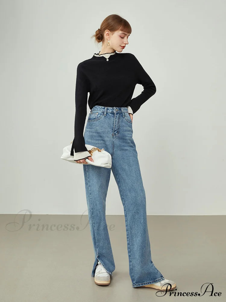 Contrast Trim Mock Trendy Neck Knit Top Sweaters-L