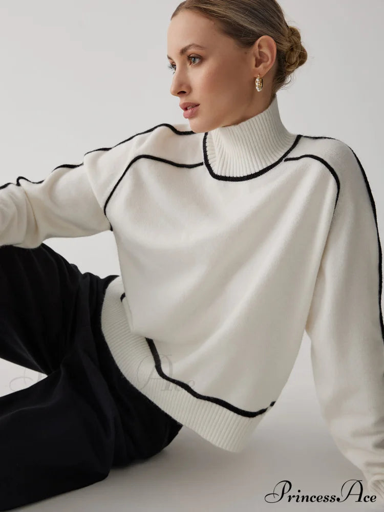 Contrast Turtleneck Graceful Long Sleeve Sweater Sweaters-L