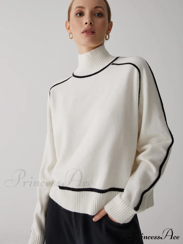Contrast Turtleneck Graceful Long Sleeve Sweater Sweaters-L