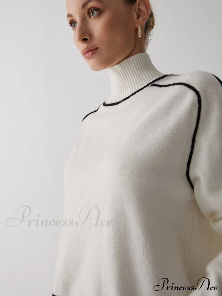 Contrast Turtleneck Graceful Long Sleeve Sweater Sweaters-L