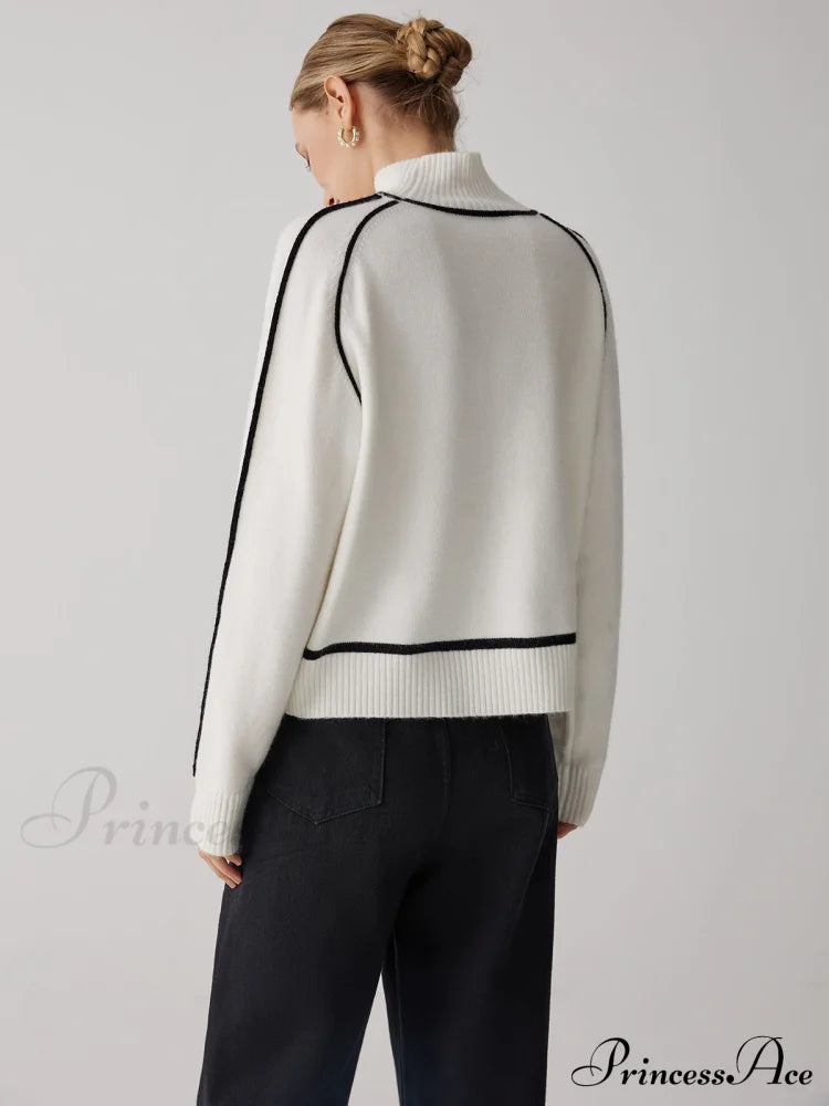 Contrast Turtleneck Graceful Long Sleeve Sweater Sweaters-L