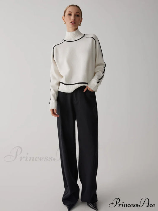 Contrast Turtleneck Graceful Long Sleeve Sweater White / Xs Sweaters-L