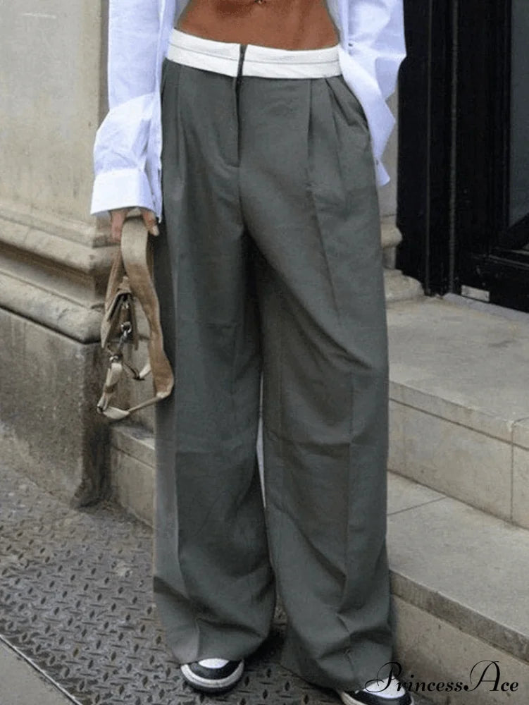 Contrast Waist Graceful Pleated Tailored Pants Gray / S