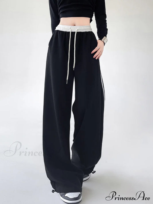 Contrast Waist Graceful Wide Leg Pants Black / Xs