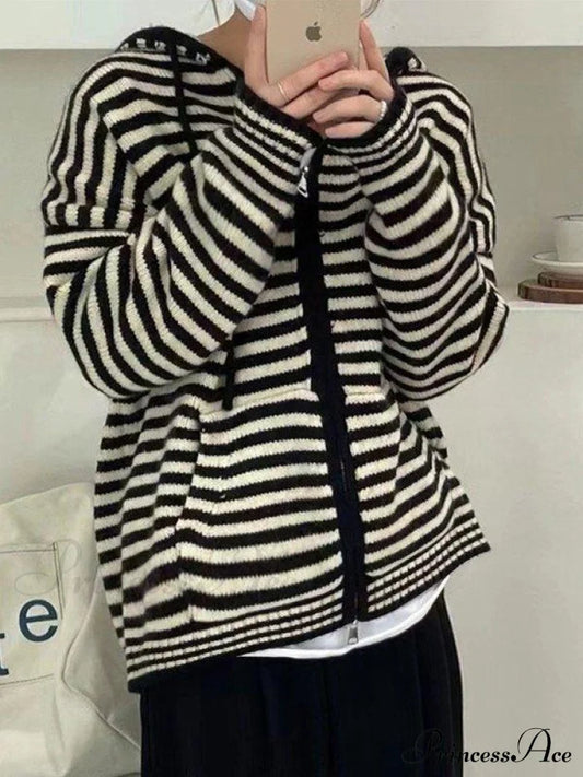 Contrasting Colors Striped Hooded Zipper Sweater Cardigan Casual Long-Sleeved Loose Hoodie Black /