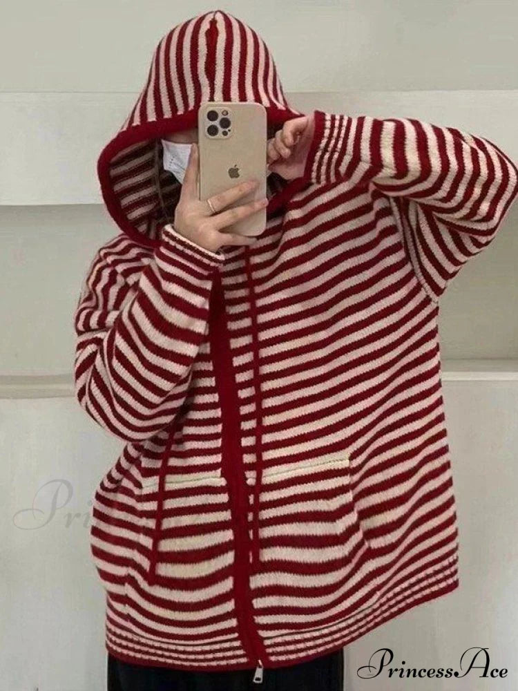 Contrasting Colors Striped Hooded Zipper Sweater Cardigan Casual Long-Sleeved Loose Hoodie Sweaters