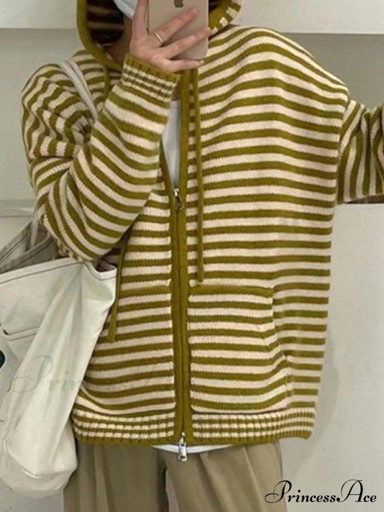 Contrasting Colors Striped Hooded Zipper Sweater Cardigan Casual Long-Sleeved Loose Hoodie Sweaters