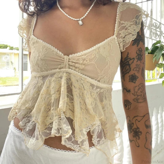 Coquette Lace Sheer Babydoll Vintage Crop Top Beige / S croptop-250126