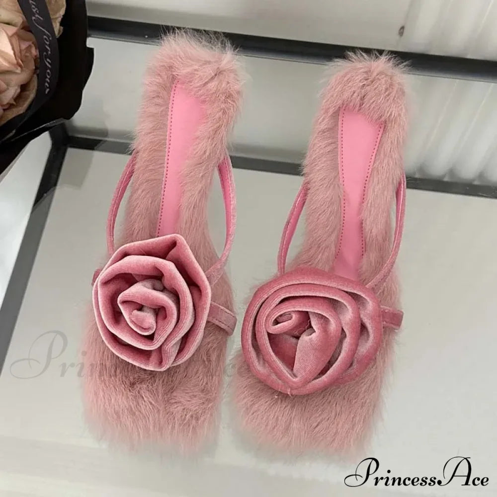 Corduroy Faux Fur Square Toe High Slides Summer Outdoor Low Heel Pump