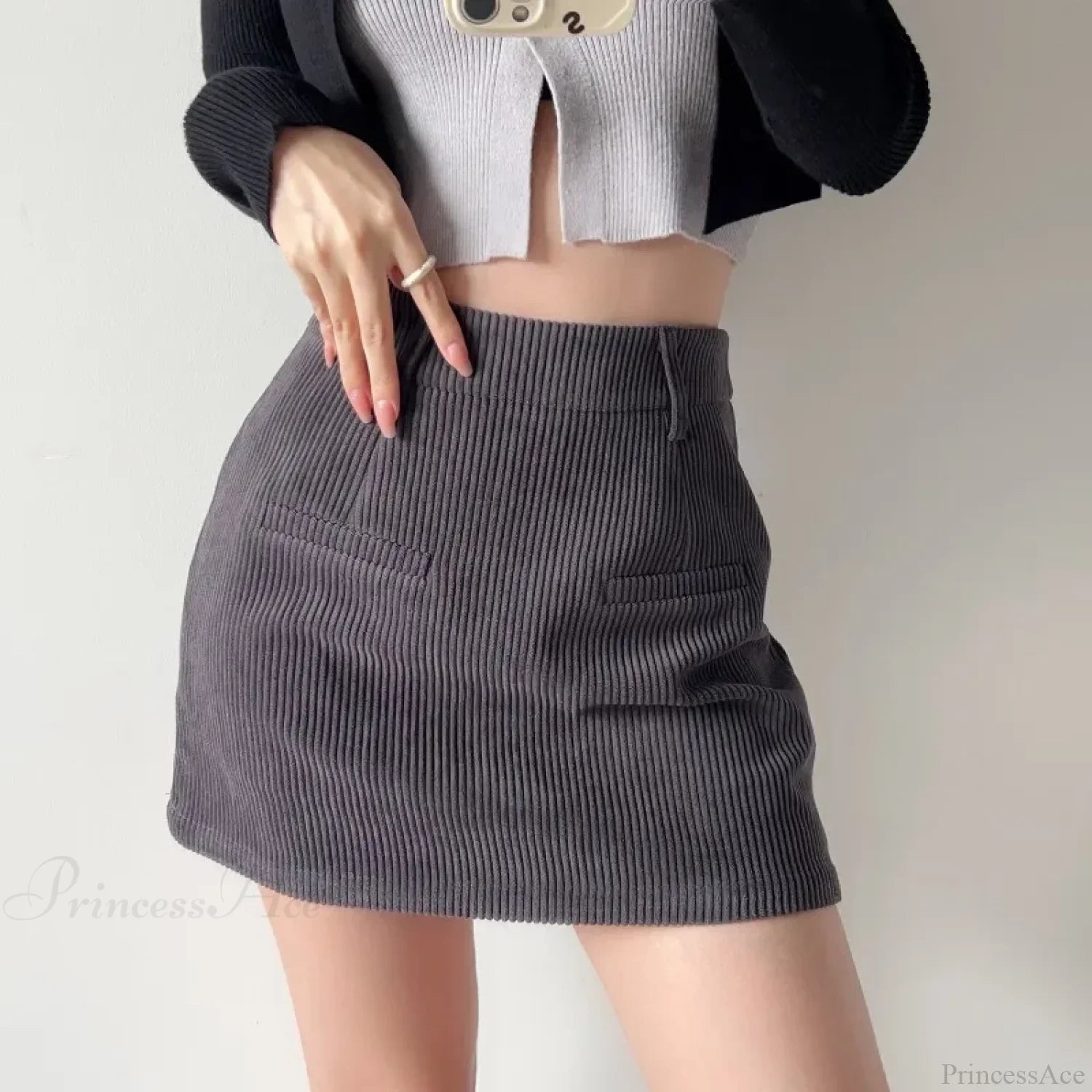 Corduroy Slim Office Waist Skirt Gray / S skirts-250223