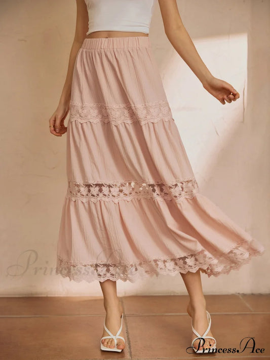 Cotton Blends Lace Trendy Trim Maxi Skirt Pink / Xs Skirts