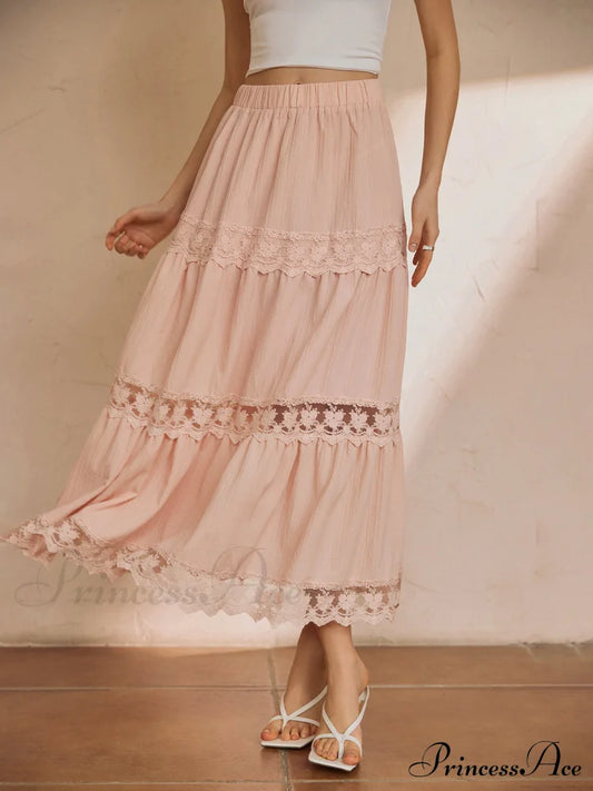 Cotton Blends Lace Trendy Trim Maxi Skirt Skirts