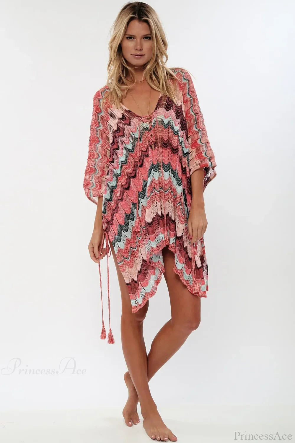 Cotton Crochet Tunic V-neck Boho Beach Cover up Pink / One Size bohocoverup-250126