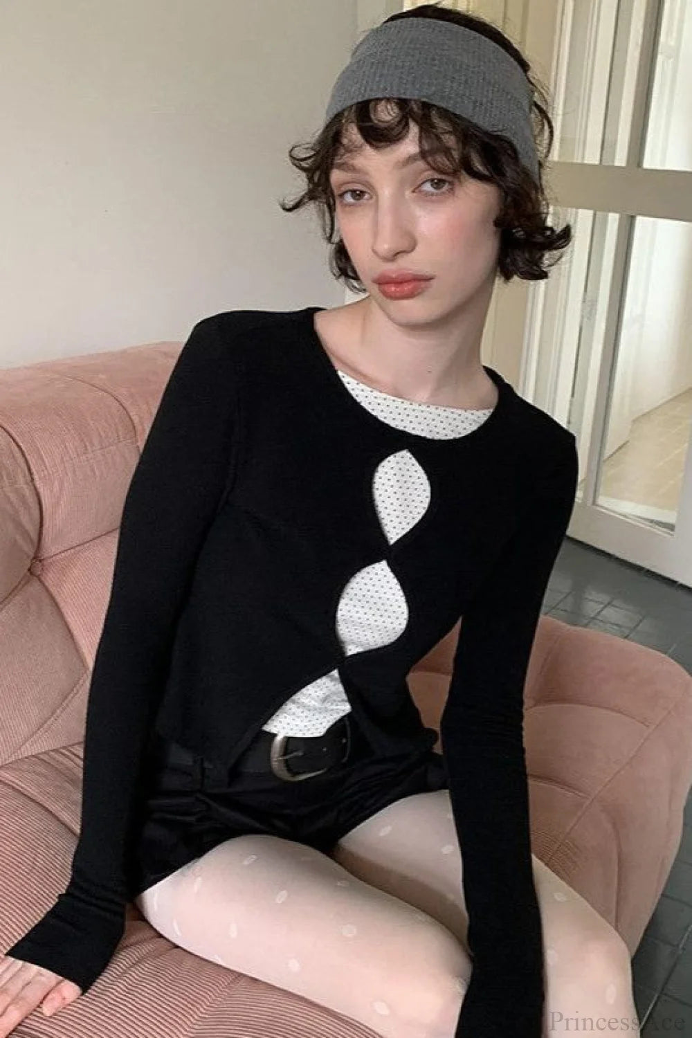 Cotton Cropped Faux Two-Piece Slim Long Sleeve Tee