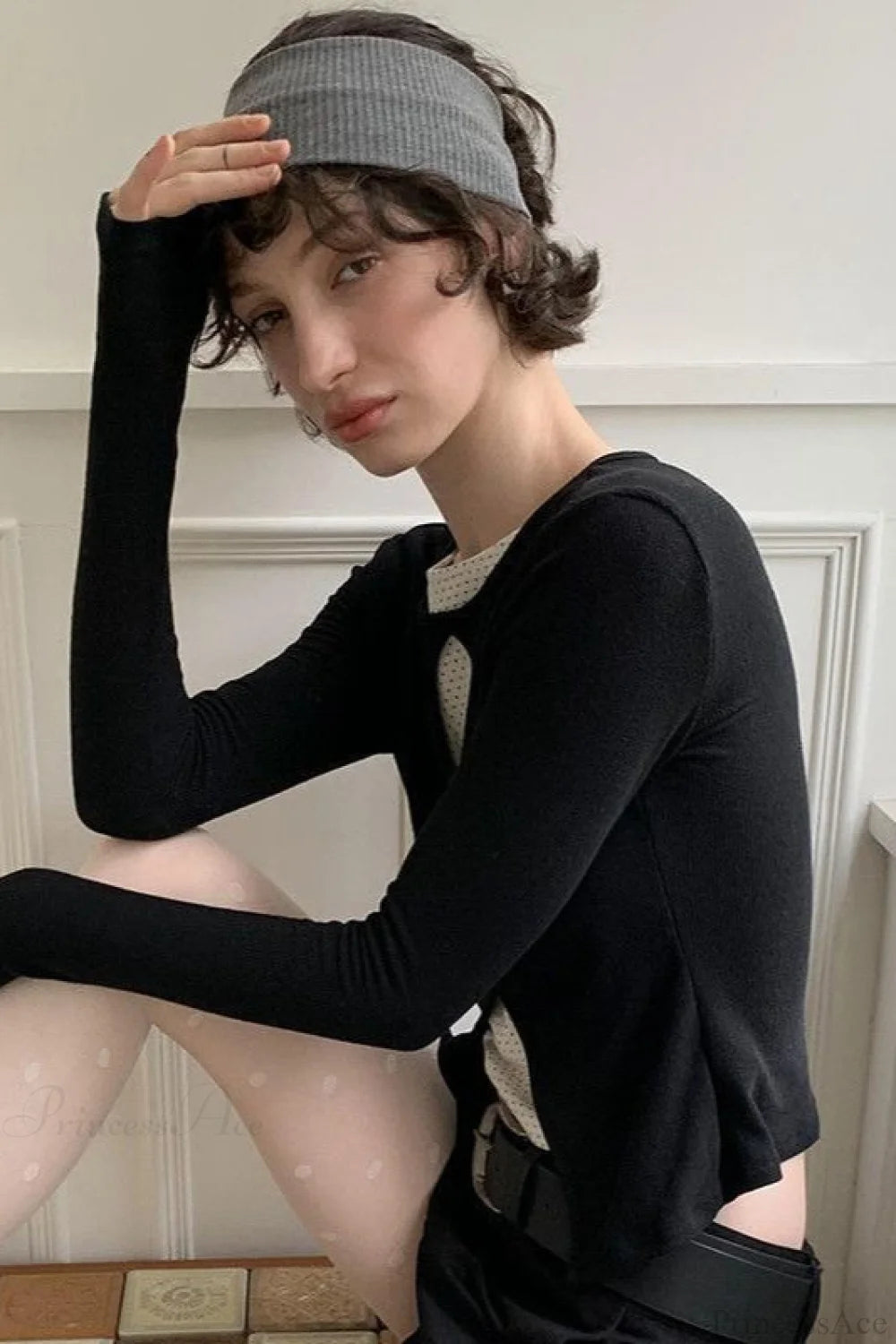 Cotton Cropped Faux Two-Piece Slim Long Sleeve Tee