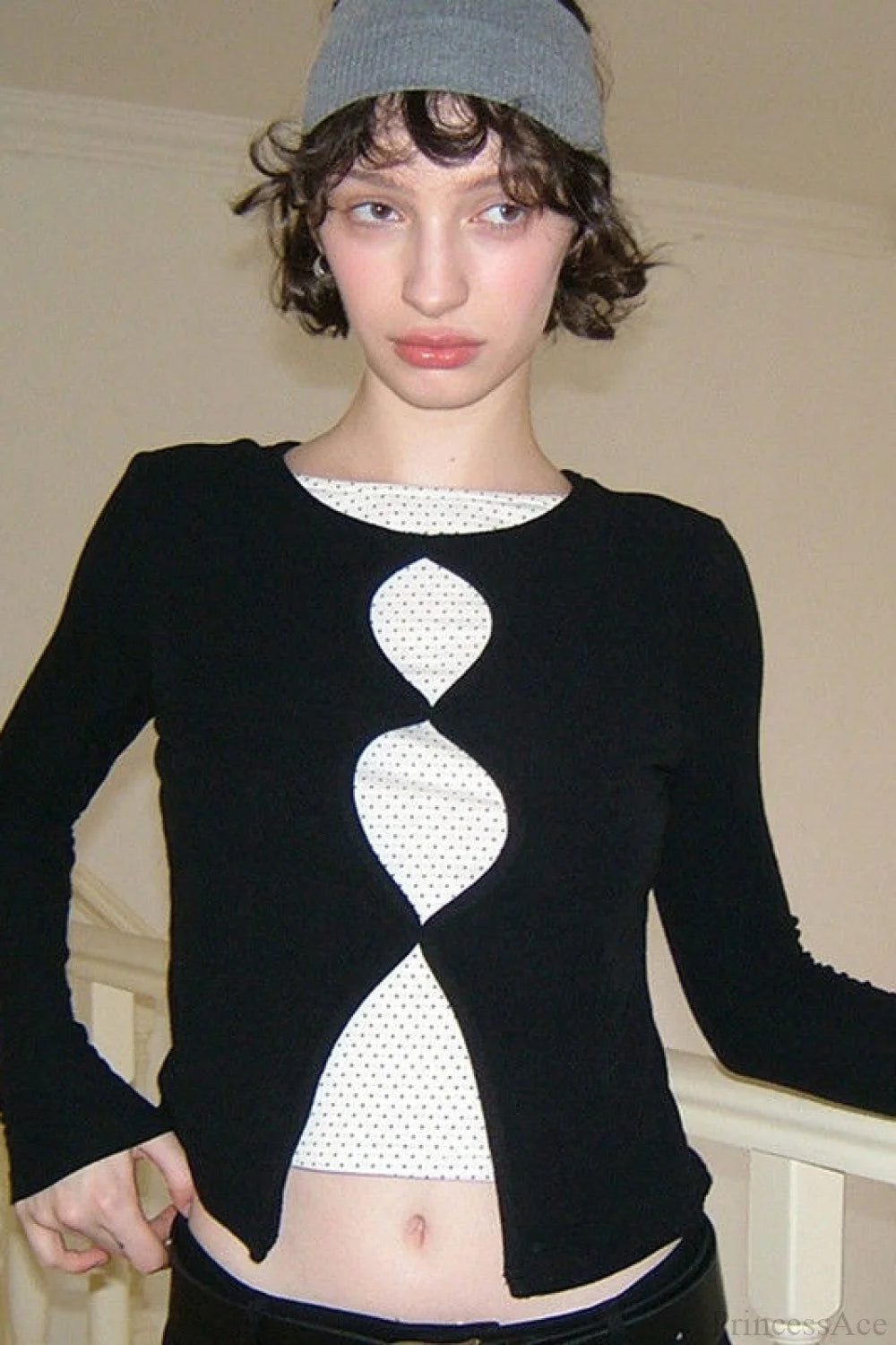 Cotton Cropped Faux Two-Piece Slim Long Sleeve Tee