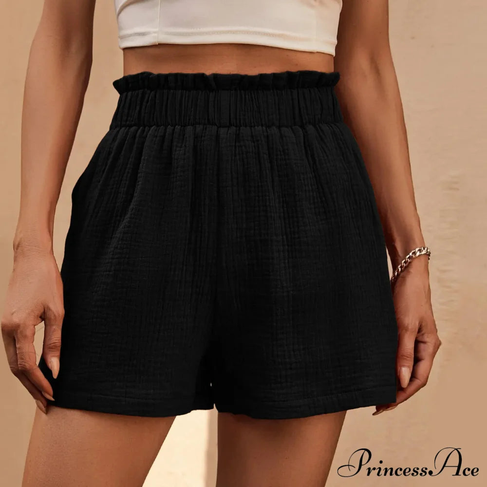 Cotton Double Layered Pleats Hem Straight Leg High Waist Sports Short Black / S